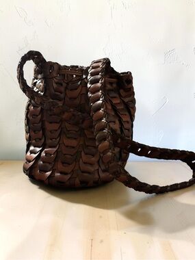 Vintage Brown Woven Bucket Hobo Bag Braided Shoulder Purse Boho
